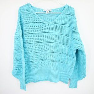 Tommy Bahama Channel Isle Aqua Blue V-Neck Crochet Knit Sweater Size Medium
